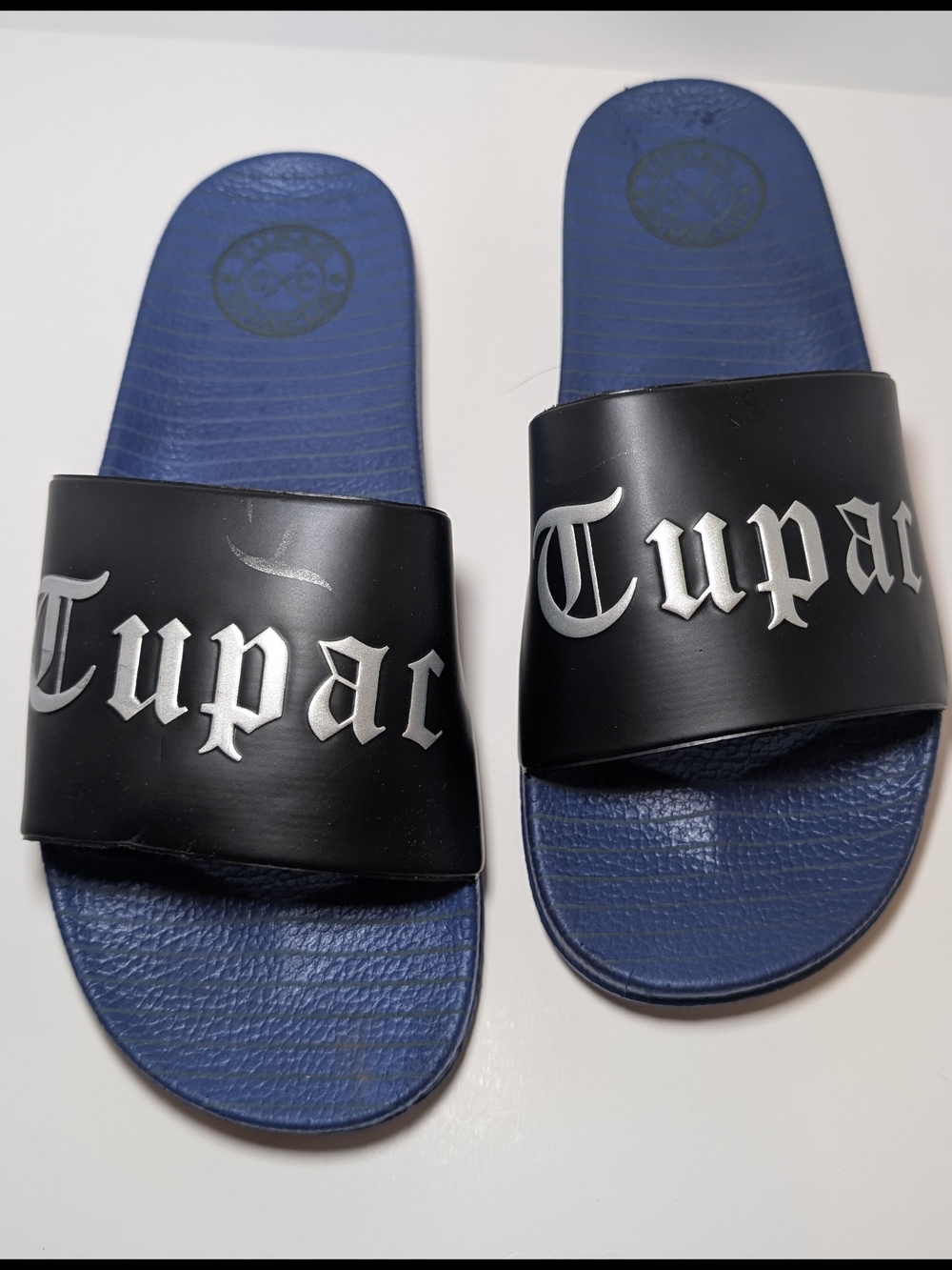NEW 2PAC Tupac Shakur Slides Sandals Men's Size 12 Blue/Black Cross Colours NIB